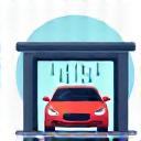 Car exiting the automatic car wash tunnel with water dripping.