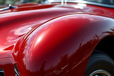 Close up detailed view of a car's polished, reflective surface.