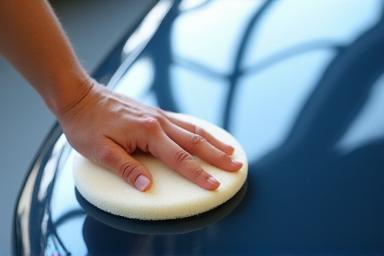 Technician applying wax by hand to a car's shiny surface.